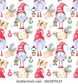 Seamless pattern with Scandinavian Christmas Gnomes, lamps and letters. Watercolor illustration on white background.