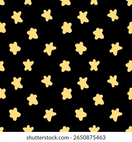 Seamless pattern of scattered yellow stars on a black background, perfect for digital paper, fabric, or cosmic themes.