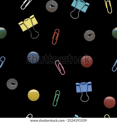 Seamless pattern with school stationery essentials, paper clips, colored push pins and binder clips