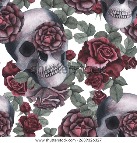 Seamless pattern Scull and dark roses flowers and leaves isolated on white background. Watercolor hand drawn illustration. Art design mystical graphics Halloween witch fabric and textile decoration