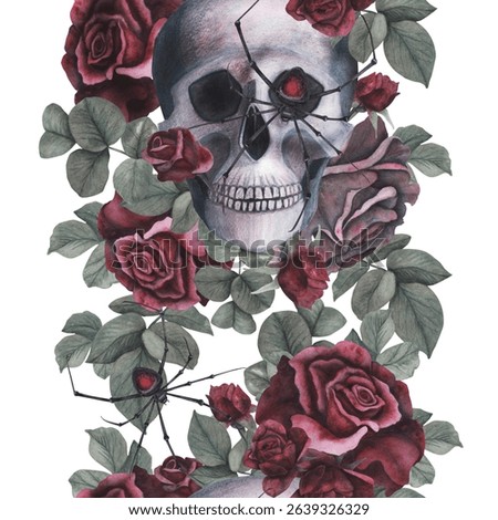 Seamless pattern Scull, dark roses with black spider, cobweb isolated on white background. Watercolor hand drawn illustration. Art design mystical graphics Halloween witch fabric, wallpaper decoration