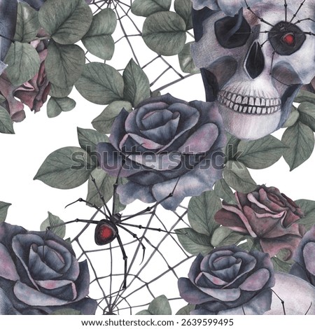 Seamless pattern Scull, dark roses with black spider, cobweb isolated on white background. Watercolor hand drawn illustration. Art design mystical graphics Halloween witch fabric, textile decoration
