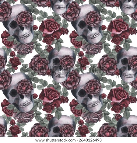 Seamless pattern Scull, dark roses with black spider, cobweb isolated on white background. Watercolor hand drawn illustration. Art design mystical graphics Halloween witch fabric, textile decoration