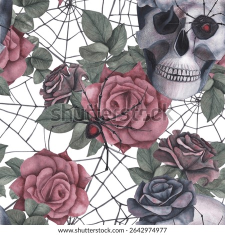Seamless pattern Scull, dark roses with black spider, cobweb isolated on white background. Watercolor hand drawn illustration. Art design mystical graphics Halloween witch fabric, textile decoration