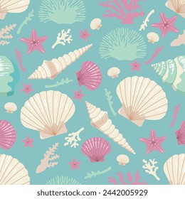 Seamless pattern of sea shells and corals. Beautiful multi colored shells with interesting shapes turquoise back . Fashionable flat vector illustration, for textile creation, endless print.