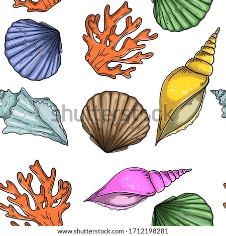 Seamless pattern with sea shells on white background. Good for printing on textile. Wallpaper and fabric design. Wrapping paper pattern.