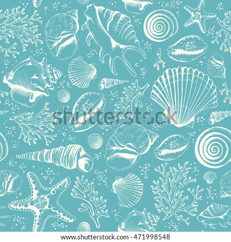 Seamless pattern with seashells, corals and starfishes. Marine background. Raster illustration. Perfect for greetings, invitations, manufacture wrapping paper, textile, wedding and web design.