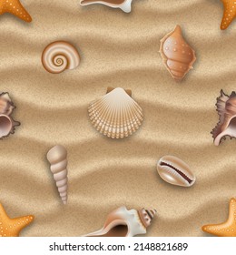 Seamless Pattern With Shells On Sand Background. Seamless Summer Texture