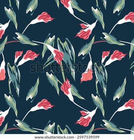 seamless pattern showcases elegant calla lilies with red and white petals and lush green leaves on a deep teal background, creating a sophisticated and artistic floral design for textiles and decor