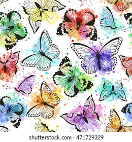 Seamless pattern with silhouettes of butterflies and imitation of watercolor spots. Raster illustration. Perfect for greetings, invitations, rapping paper, textile, wedding and web design.