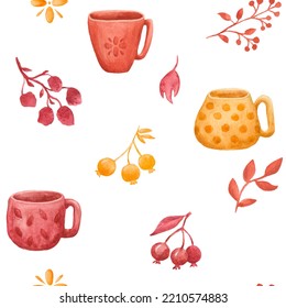 seamless pattern of simple elements and cute cups in autumn colors hand-drawn in watercolor, stylization, white background - Powered by Shutterstock