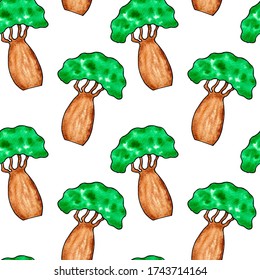 Seamless pattern with Simple hand drawn watercolor illustration Baobab on white background, exotic tree