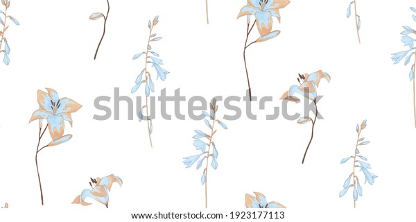 Seamless
pattern of simple hand drawn watercolor bluebell and lily flowers.
Endless blue and beige allover botany illustration. Minimalistic
floral decor elements on white
background.