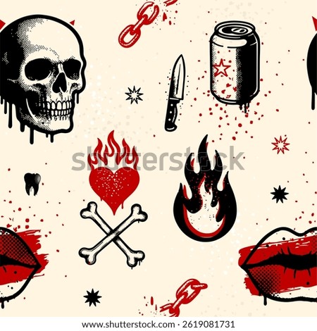 Seamless pattern with skulls, lips, flames, hearts, knife and punk elements in grunge pop art style on beige background.