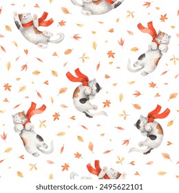 Seamless pattern with sleeping cats with red scarfs. Cute watercolor texture with autumn kittens and yellow leaves on white background