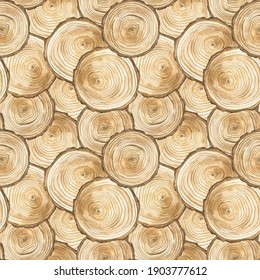 Seamless pattern with 
slice of wood. Watercolor illustration. The print is used for Wallpaper design, fabric, textile, packaging.