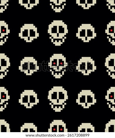 A seamless pattern of slightly different skulls rendered in a retro 8-bit pixel art video game style.