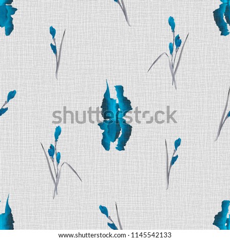 Seamless pattern of small blue flowers and branches on a light gray background. Watercolor-1
