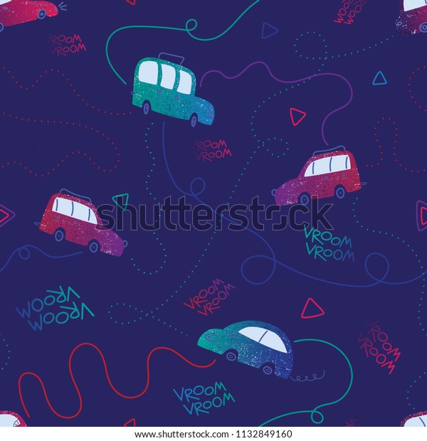 Seamless pattern with small cars and routes on\
dark blue\
background