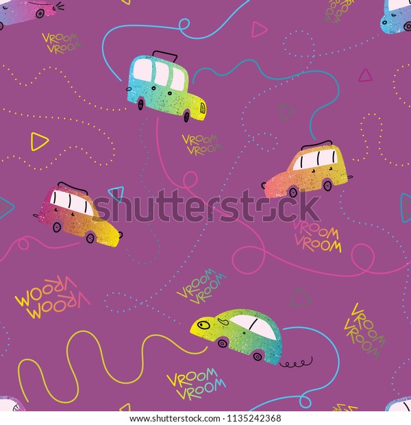 Seamless pattern with small cars and routes on\
pink background