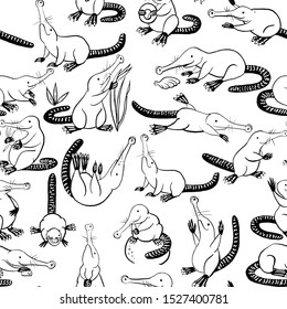 Seamless Pattern With Small Cartoon Stylized Muskrats. Black-and-white Graphics For Design. Set Of Hand Drawn Design Elements. Collection Of Black Ink. Russian Muskrat, A Mammal Of The Mole Family