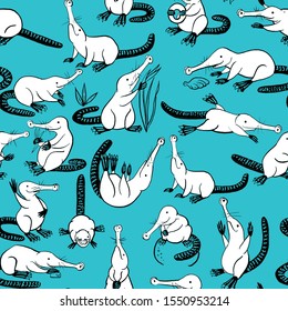 Seamless Pattern With Small Cartoon Stylized Muskrats. Black-and-white Graphics For Design. Set Of Hand Drawn Design Elements. Collection Of Black Ink. Russian Muskrat, A Mammal Of The Mole Family