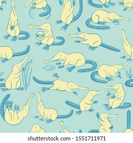 Seamless Pattern With Small Cartoon Stylized Muskrats. Black-and-white Graphics For Design. Set Of Hand Drawn Design Elements. Collection Of Black Ink. Russian Muskrat, A Mammal Of The Mole Family