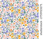 A seamless pattern of small, delicate wildflowers scattered across a white background. The flowers are rendered in a variety of soft, pastel colors, including light purple, pink, orange, and yellow. Each flower has a distinct shape, with some featuring multiple petals and others more simple, star-like forms.