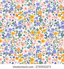 A seamless pattern of small, delicate wildflowers scattered across a white background. The flowers are rendered in a variety of soft, pastel colors, including light purple, pink, orange, and yellow. Each flower has a distinct shape, with some featuring multiple petals and others more simple, star-like forms.