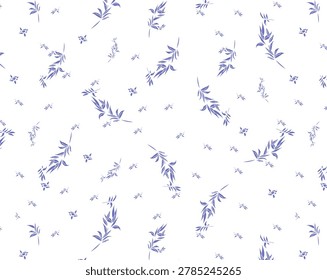 Seamless pattern, small flowers and scattered leaves. Floral rustic background, print, textile, wallpaper, vector