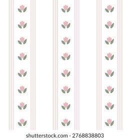 Seamless pattern with small pink tulips and thin vertical stripes on a white background. Even spacing, consistent scale, and a clean structured repeat with simple floral elements.