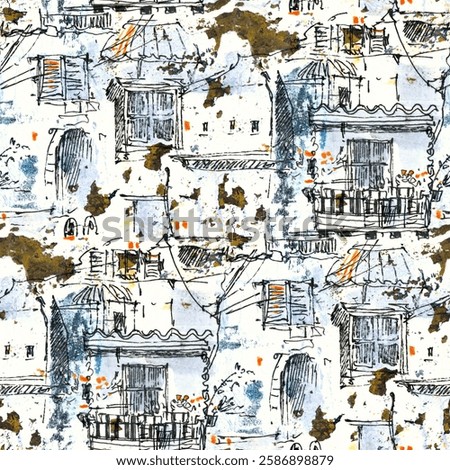 Seamless pattern with a small town. Paper application. Collage art.