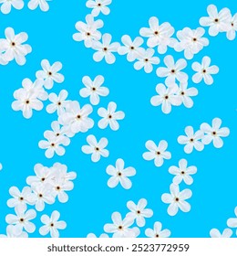 A seamless pattern of small white flowers scattered over a bright blue background. Perfect for spring-themed designs, fabric prints, or cheerful, nature-inspired backdrops. - Powered by Shutterstock