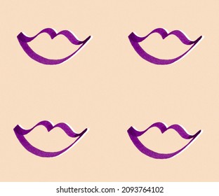 Seamless Pattern Of Smilling Lips. Drawing With Purple Ink Smile. Cute Retro Background With Imitation Of The Risograph Effect.