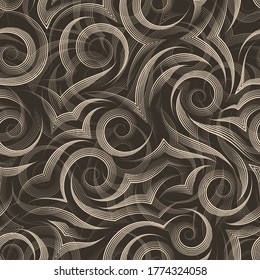 Seamless pattern of smooth lines drawn by beige pen in the form of spirals and curls isolated on a brown background. Print for clothes or paper
