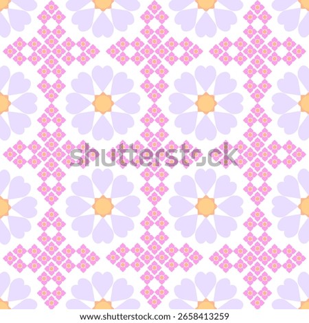 Seamless pattern of soft pastel purple flowers with pink diamond-shaped flowers.