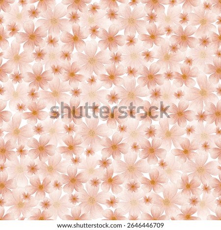 Seamless pattern with soft watercolour peach flowers in different sizes on white background