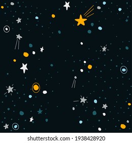 Seamless pattern with space elements isolated on a dark background. Suitable for prints, packaging, wallpaper, children's patterns. Idea for textiles, coverings, backgrounds.