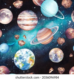 Seamless pattern space elements. Space watercolor illustration. Cute space background with solar system planets and meteorites