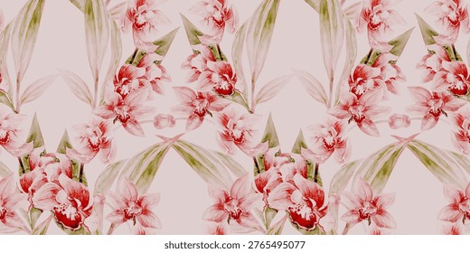 Seamless pattern with Sprig of watercolor vertical orchid flowers isolated on beige. Faded botany trend