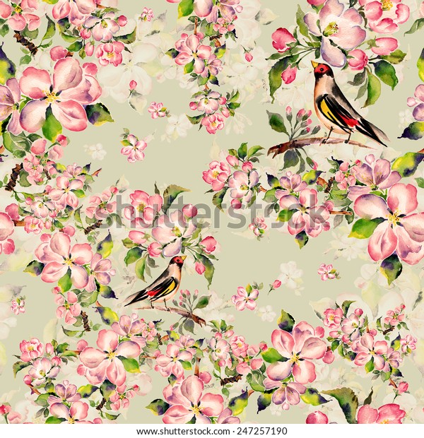 Seamless Pattern Spring Bird On Flowering: ilustración de stock ...