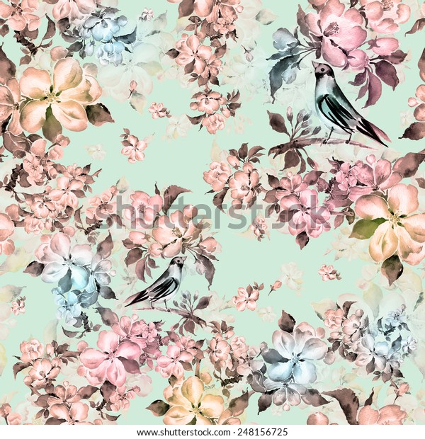 Seamless Pattern Spring Bird On Flowering Stock Illustration 248156725 ...