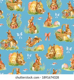 Seamless pattern and spring easter concept  Easter watercolor pattern and cute rabbits   ribbons isolated blue background  For decor  print  wallpaper  tissue  scrapbooking  packaging paper