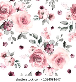 Seamless pattern with spring flowers and leaves. Hand drawn background.  floral pattern for wallpaper or fabric. Flower rose. Botanic Tile.