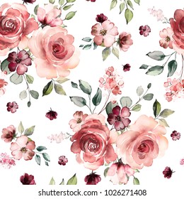 Seamless pattern with spring flowers and leaves. Hand drawn background.  floral pattern for wallpaper or fabric. Flower rose. Botanic Tile.