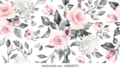 Seamless Pattern With Spring Flowers And Leaves. Hand Drawn Background.  Floral Pattern For Wallpaper Or Fabric. Flower Rose. Botanic Tile.
