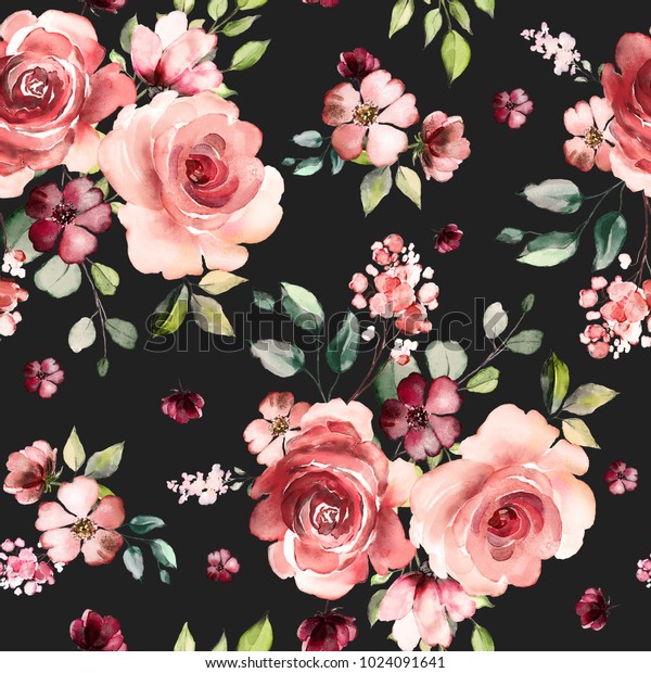 春の花と葉のシームレスな模様 手描きの背景 壁紙または布地の花柄 花が咲いた 植物タイル のイラスト素材