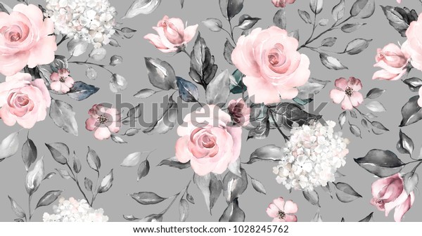 与春天的花朵和叶子无缝图案 手绘背景 花卉图案的壁纸或织物 花玫瑰 植物瓷砖 库存插图