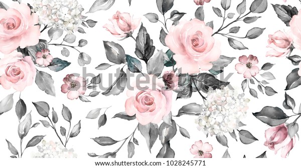 与春天的花朵和叶子无缝图案 手绘背景 花卉图案的壁纸或织物 花玫瑰 植物瓷砖 库存插图