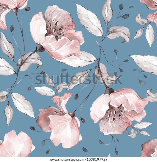 Seamless pattern with spring flowers and leaves. Hand drawn background. floral pattern for wallpaper or fabric. Flower rose. Botanic Tile.